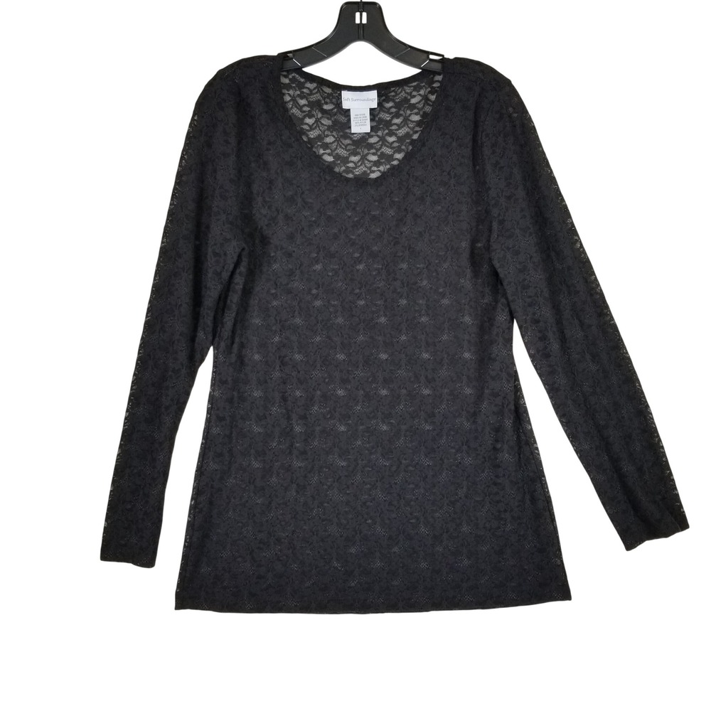 Soft‎ Surroundings Lace Top Women Large Black Long Sleeve Sheer Floral 24960